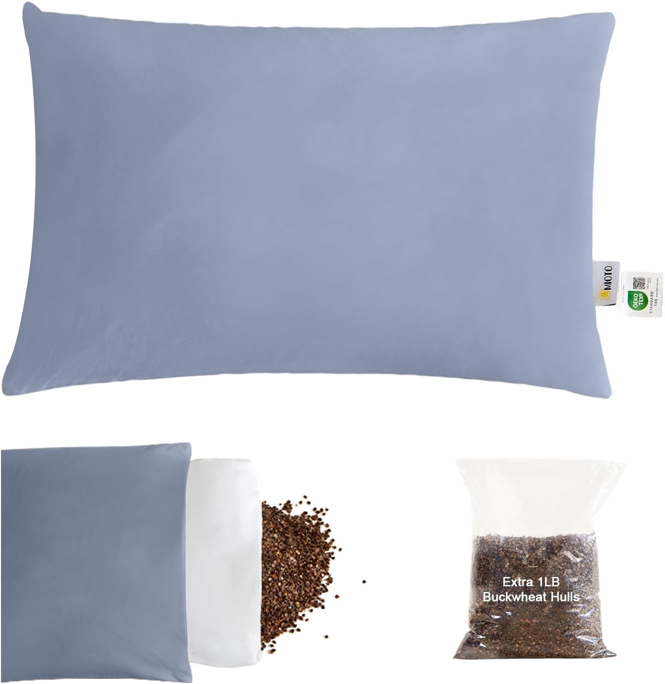 Organic Buckwheat Pillow for Sleeping with Dual-Layer Pillowcase and Extra Tartary Buckwheat Hulls, Adjust Height and Firmness, Neck Support Pillow for Back and Side Sleepers 20"x26", Baby Blue