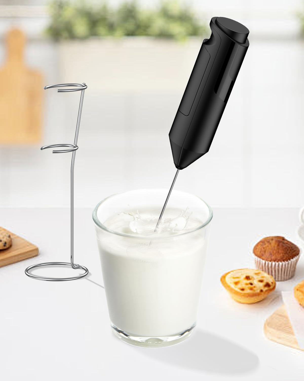 Pawfly Handheld Milchschäumer batteriebetrieben mit Ständer & Edelstahl-Schneebesen - Elektrischer Mixer für Latte, Matcha (Ohne Batterien)