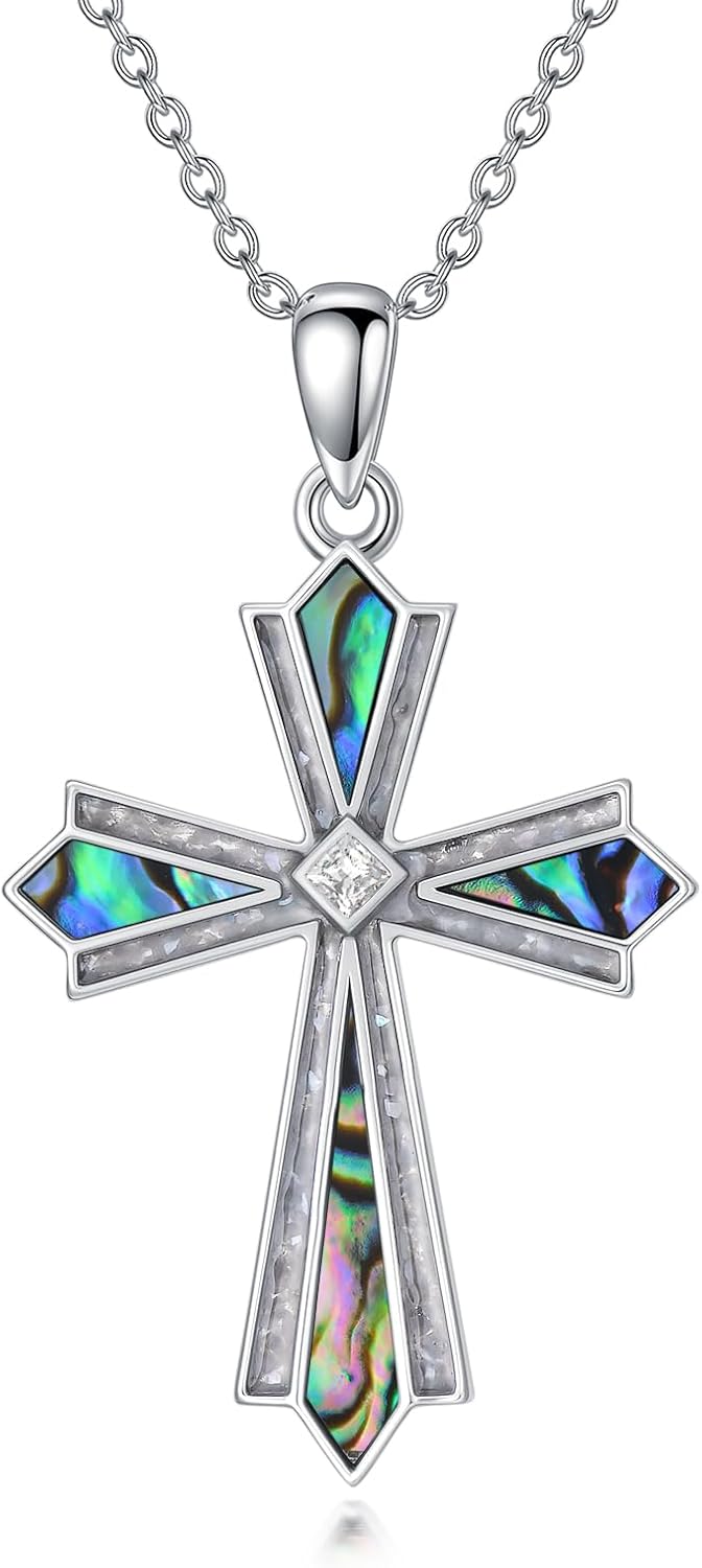 Cross Necklace for Women 925 Sterling Silver Turquoise/Abalone Shell/Red Agate Pendant Religious Christian Jewelry Christmas Gifts for Her/Wife/Mom/Girlfriend