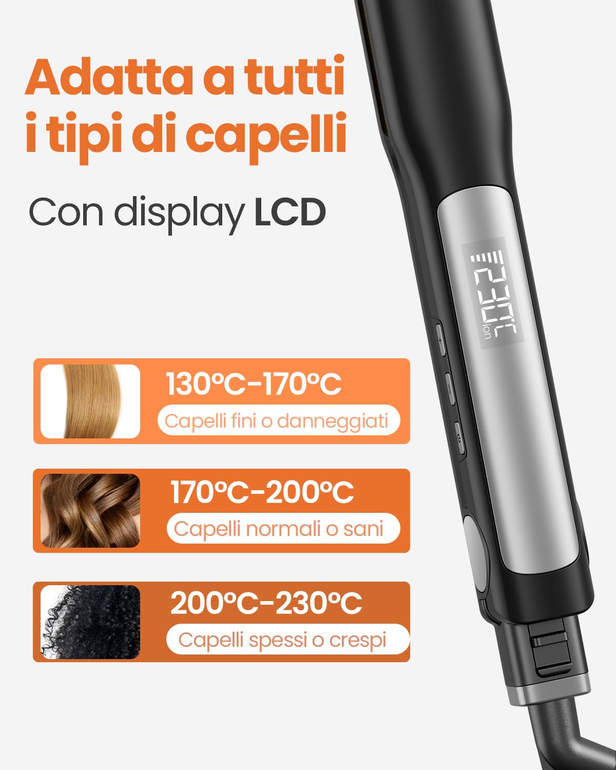 Faszin Piastra Capelli Professionale 2-In-1, Piastre Ioniche di Titanio, Riscaldamento In Soli 20 Secondi, Display LCD Chiaro, Ideale Per Capelli Lisci, Ricci e Mossi