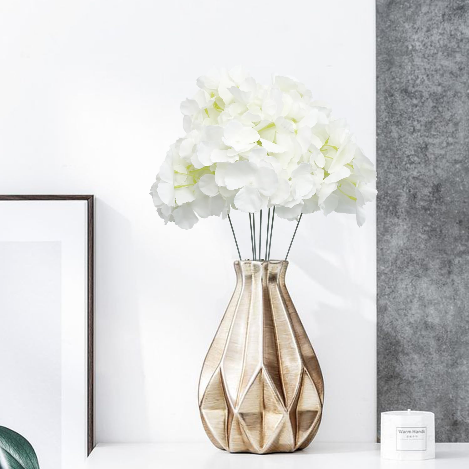 Pack of 10 Artificial Hydrangea Heads with Stems, Fluffy Large Panicle Hydrangea Fake Flowers for DIY Flower Arrangements, Wedding Party Home Office Decor (White)