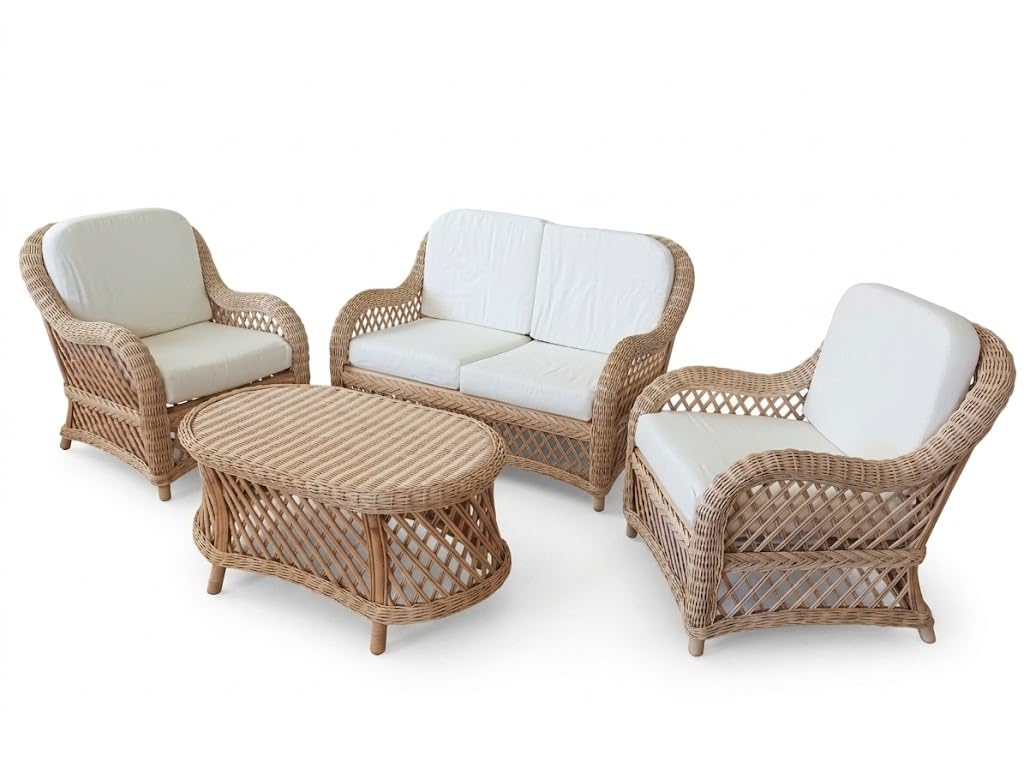 SALOTTO VIMIINI DA GIARDINO IN RATTAN NATURALE SET 4 PEZZI (divano cm 127)
