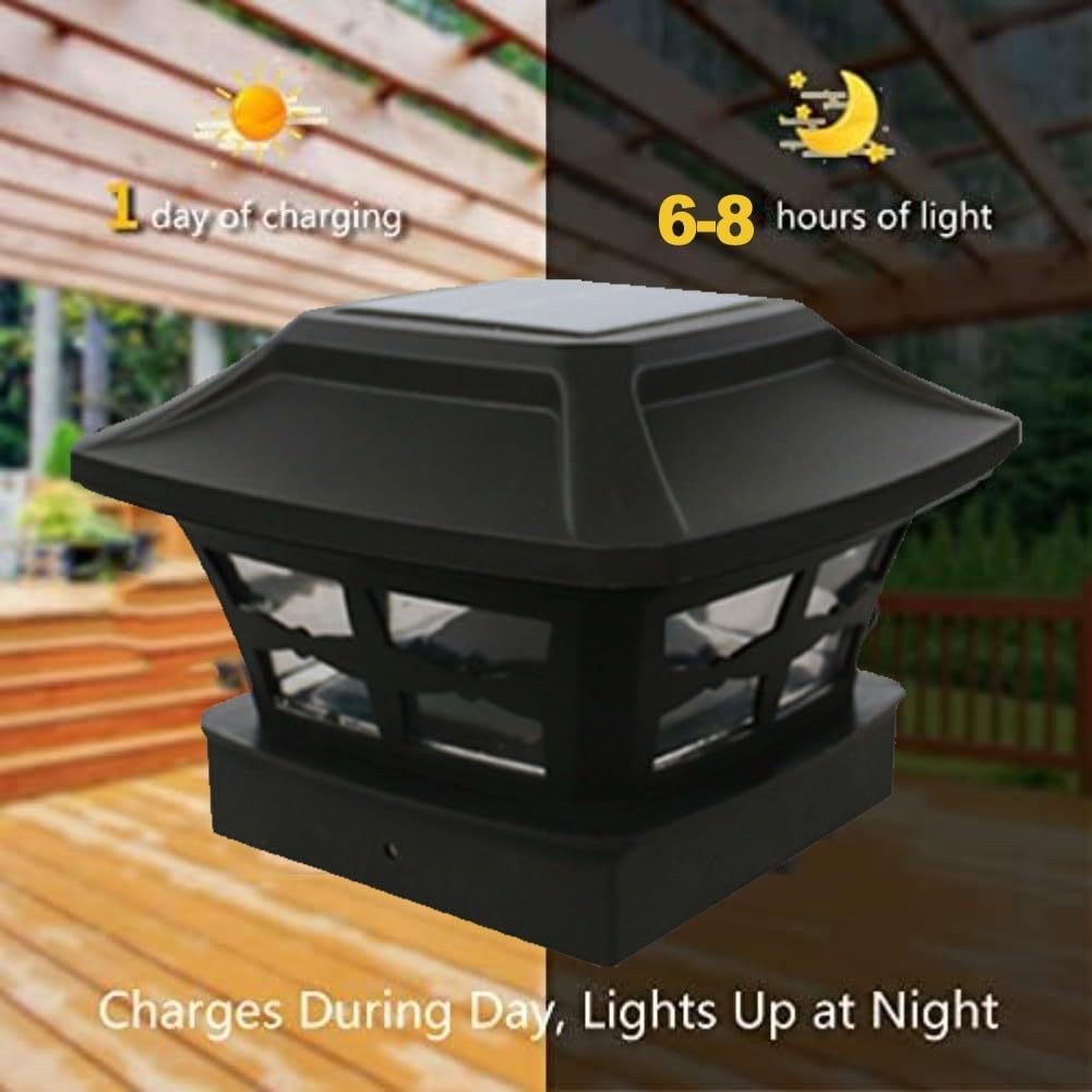 Solar-Pfostenkappen-Lichter, LED-Zaunlicht für 4 x 4, 5 x 5, 6 x 6 Holzpfosten, IP44 wasserdicht, Außenterrasse, Gartenbeleuchtung, 4 Stück (schwarze Blätter)
