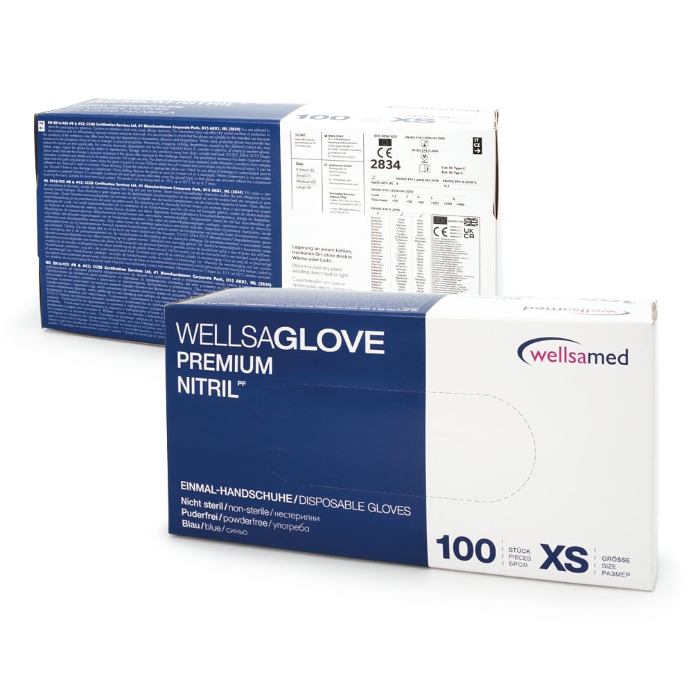 Wellsamed Premium Nitril Einweghandschuhe, Blau, Größe XS, Puderfrei, 1000 Stück (10 x 100), Latexfrei