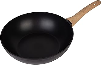 MasterChef Wok Non Stick Stir Fry Pan 28cm for Induction Hob, Gas, Halogen & Ceramic Stoves with Scratch Resistant & Nonstick Coating, Dishwasher Safe, Aluminium, Woodlook,Black