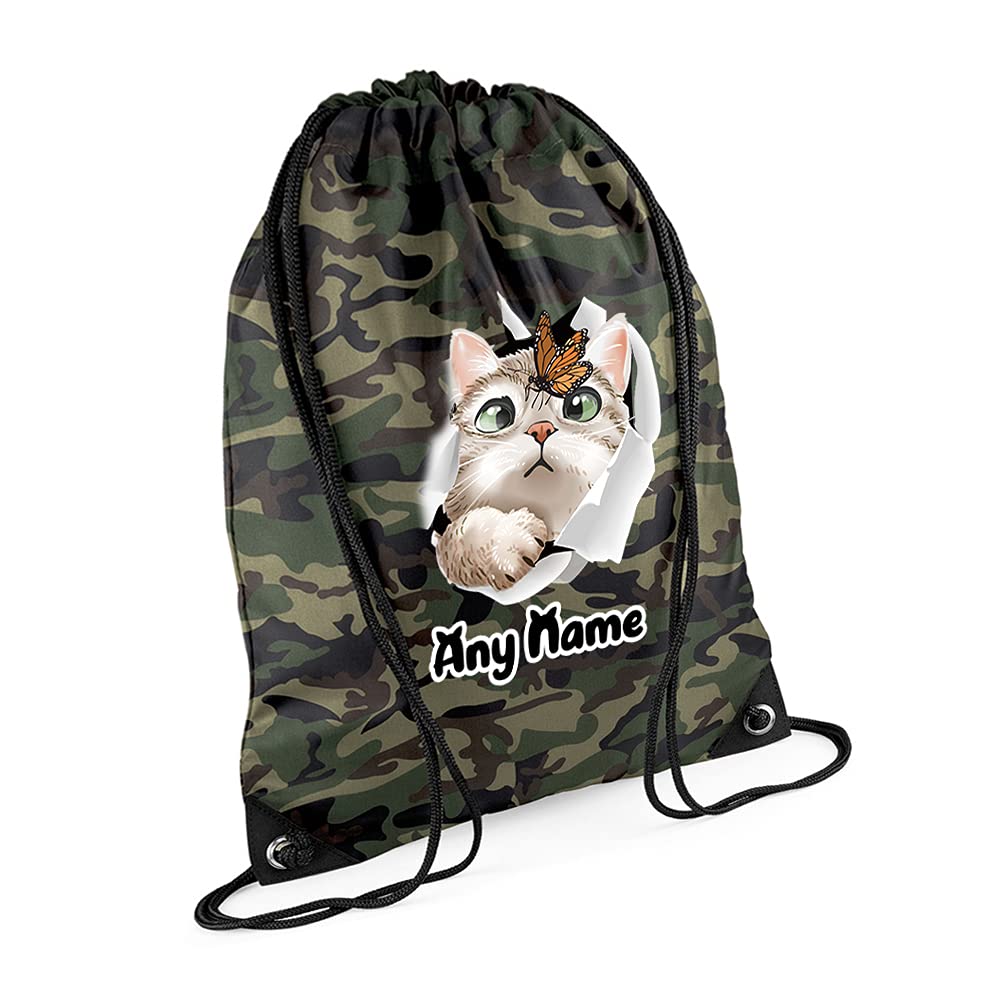 Giftme Unisex Kids Jungle Camo Personalised Butterfly On Cat Face Hidden Cat Funny Kitten Cat Birthday Gift Drawstring Bag, Pe Gym Kit, Swimming Rucksack. (Jungle Camo)