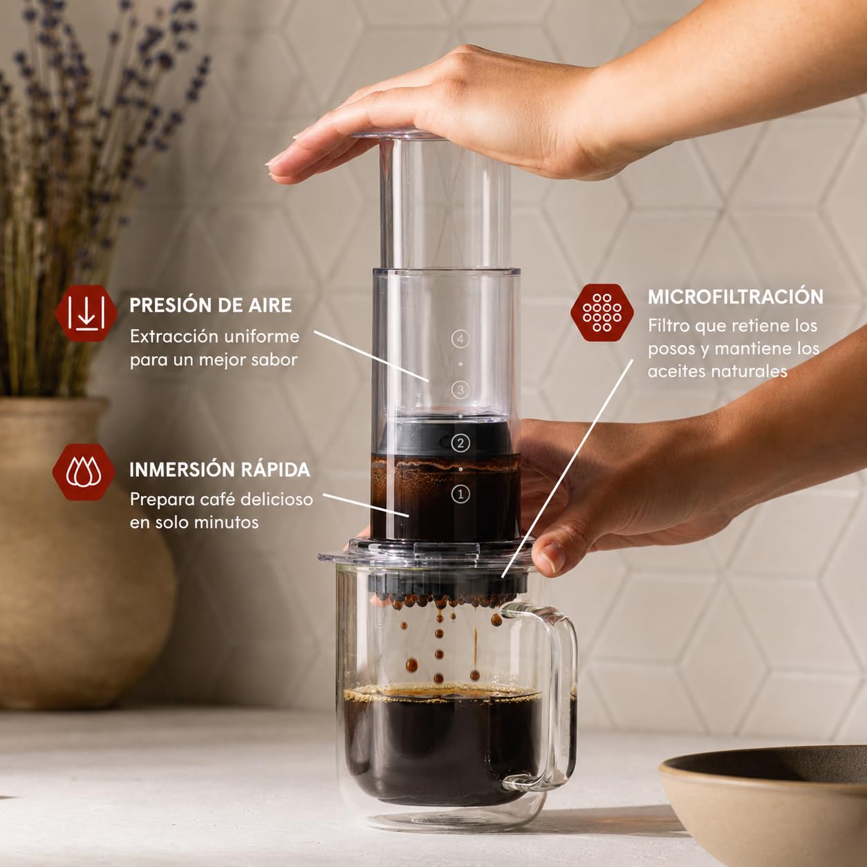Cafetera Aire, prensa de café manual 3 en 1, portátil, transparente, para espresso, americano y cold brew, fácil de limpiar, ideal para camping y viaje | Prensa Francesa, V60, Espresso, Sin sedimentos ni amargor, Portátil para camping y viaje