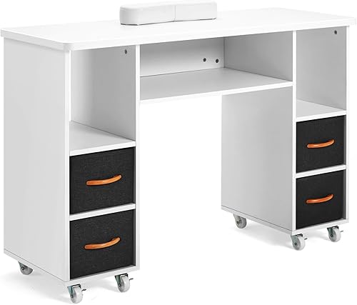 Artist hand Mesa de uñas, mesa de manicura, estación de mesa Nail Tech, cojín de muñeca, ruedas bloqueables, cajones de almacenamiento de tela,