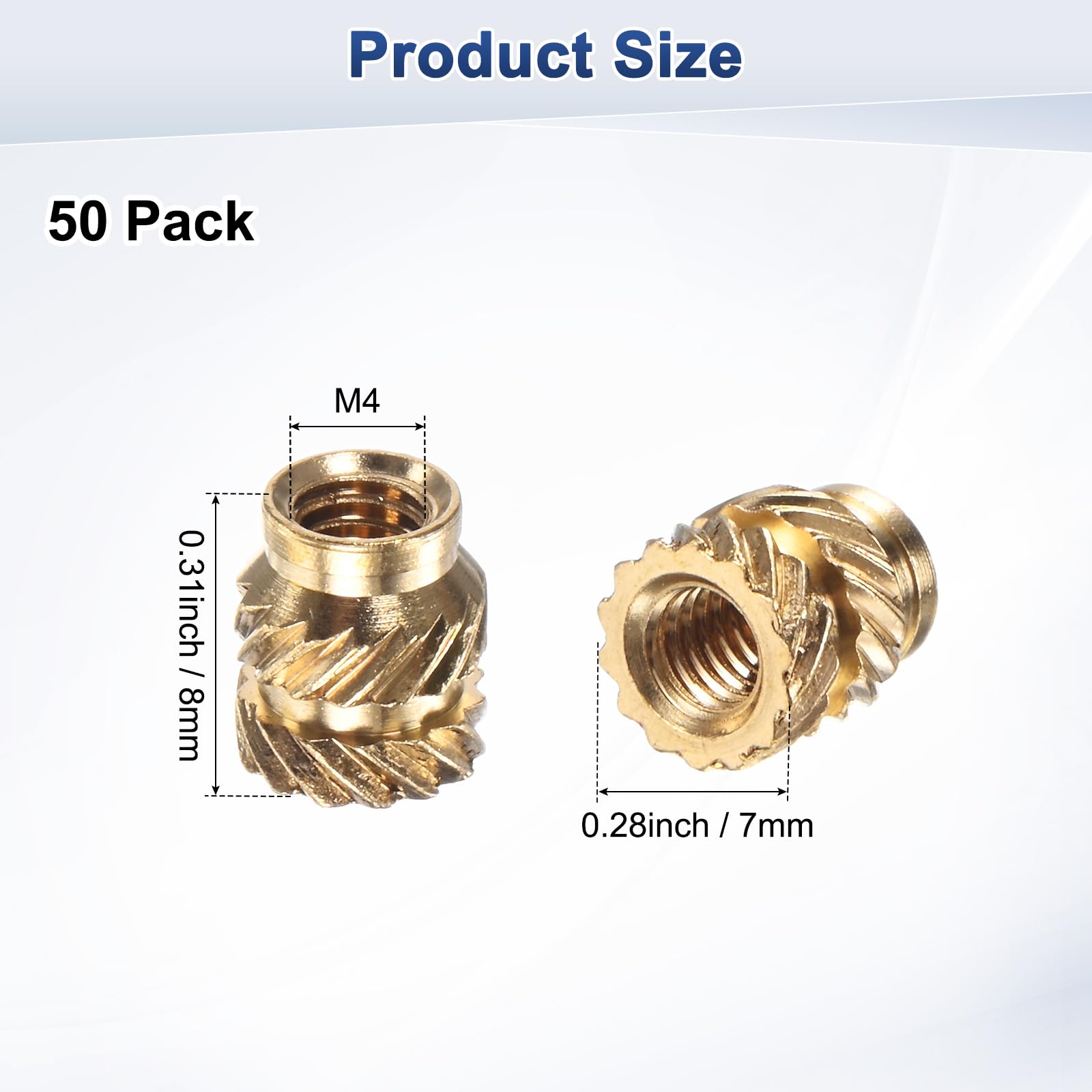 M METERXITY 50-Pack Threaded Inserts, M4 x 8mm L x 7mm OD Brass Heat Set Insert Nuts - Image 3