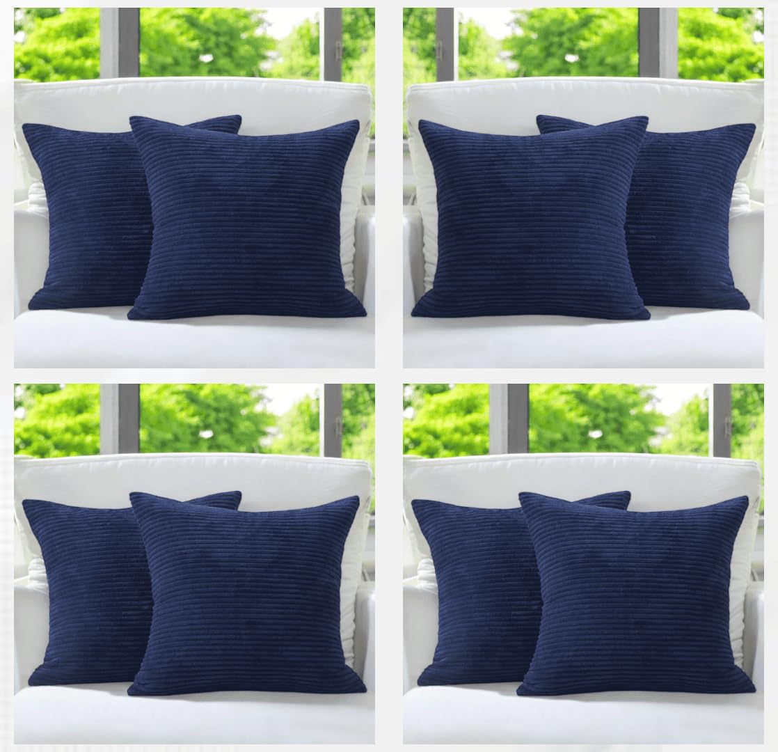 Seechoo Corduroy Cushion Covers, Set of 4, 40 x 40 cm, Plain Soft Striped, Assorted Colours (Navy Blue), 40 x 40 cm (Pack of 4)