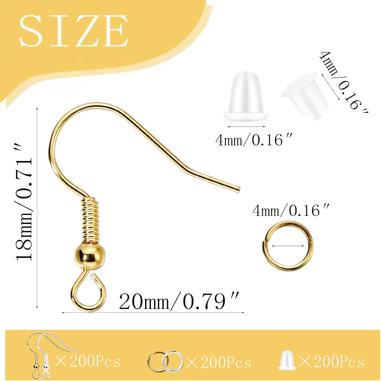Hypoallergenic Earring Hooks, Ear Wires Fish Hooks, 600 Pcs Gold and Silver Earing Making Supplies Kit with Earring Backs and Jump Rings for DIY Jewelry Making (Gold+Silver) - Image 3