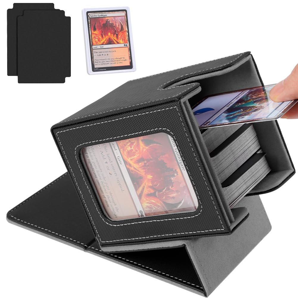 Aolso Card Deck Box for MTG Commander, Magnetic Card Display Case with 2*Dividers,1*Toploader and 1*Dice Bag, PU Leather Storage Box Fits 100 Double Sleeved Cards-Grey