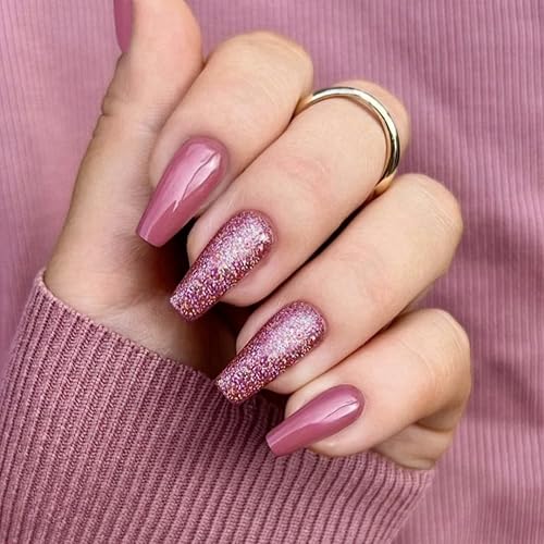 Xcrear - Juego de uñas postizas a presión color rosa ciruela con purpurina, uñas postizas medianas y falsas, uñas artificiales para los dedos de los