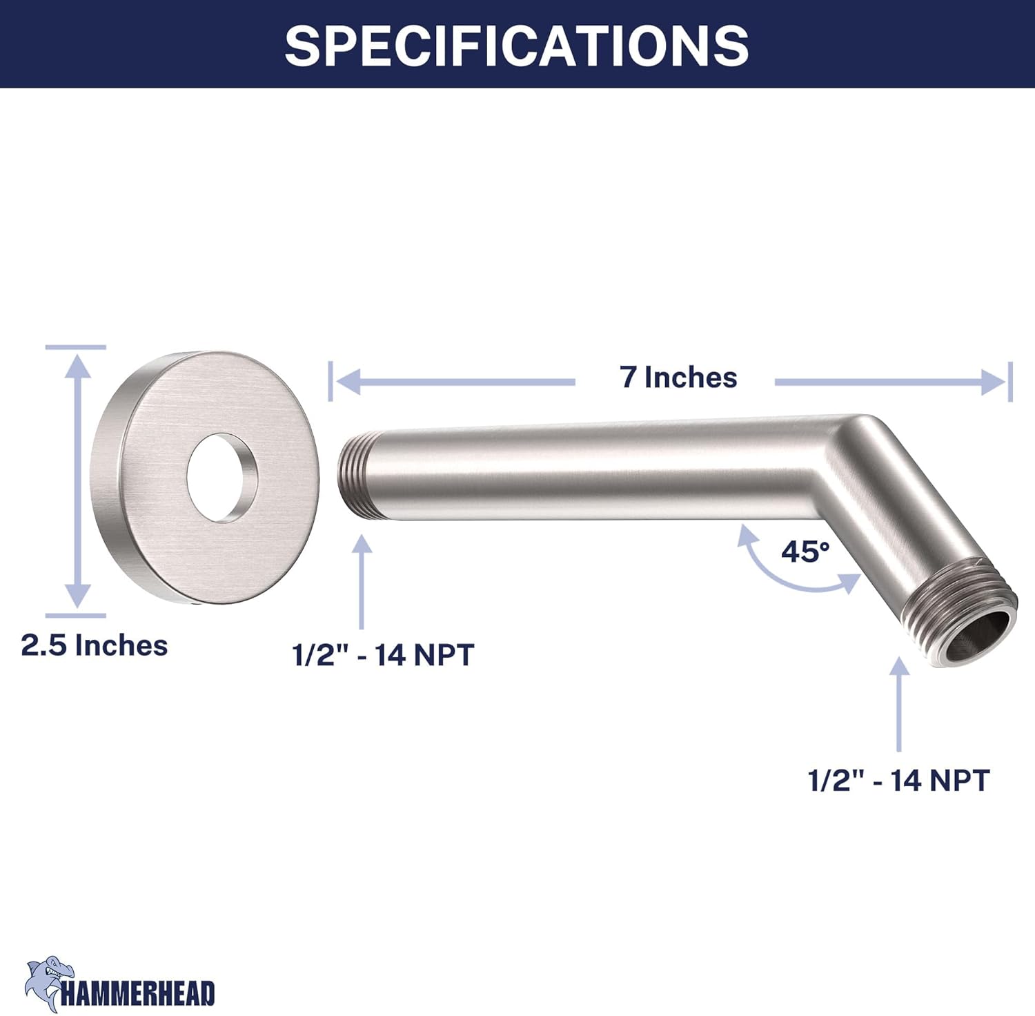 HammerHead® Solid Metal Shower Arm and Flange - 7.5 Inch 304 Stainless Steel Extension Pipe - Universal Shower Head Arm with Flange and Locking Screw, Brushed Nickel