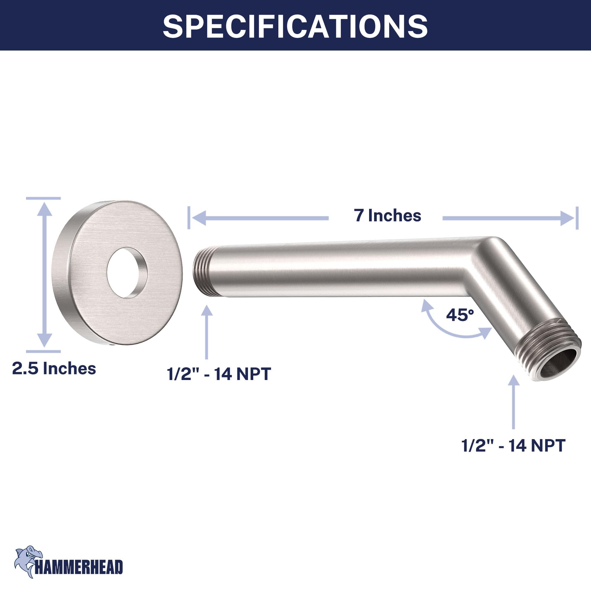 Brazo de ducha y brida de metal con tornillo de bloqueo, níquel cepillado, tubo de 17,7 cm, tamaño universal para todos los cabezales de ducha