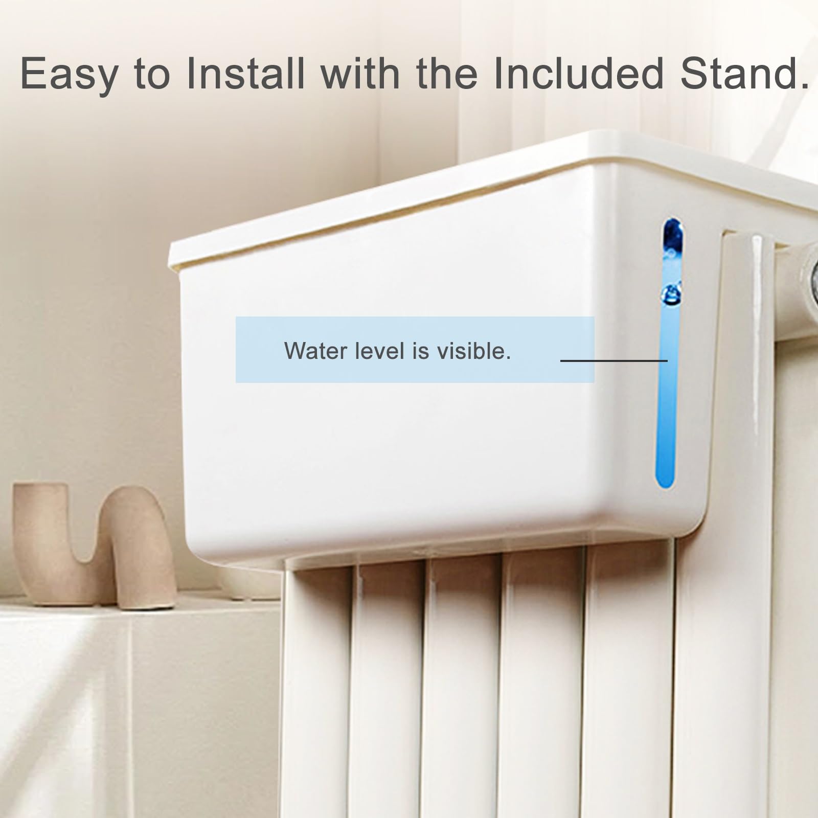 Umidificatore per radiatore da 2,4 l, grande capacità, trasparente, indicatore del livello dell'acqua, efficiente utilizzo del calore, ideale per casa e ufficio, bianco