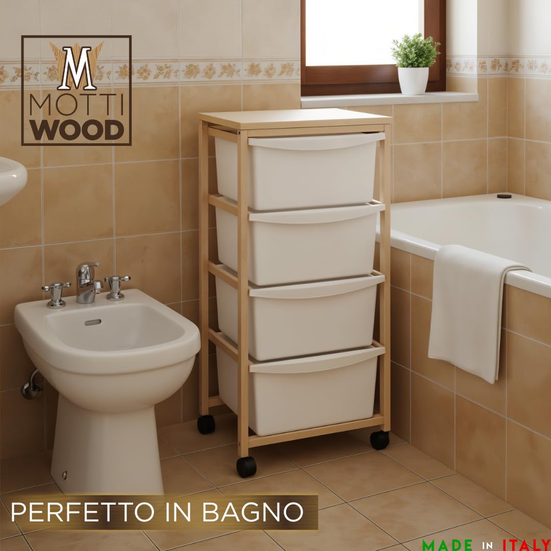 Carrello Multiuso in Legno di Faggio, 4 Cassetti Estraibili, Cassettiera Salva Spazio, 36x34xh82