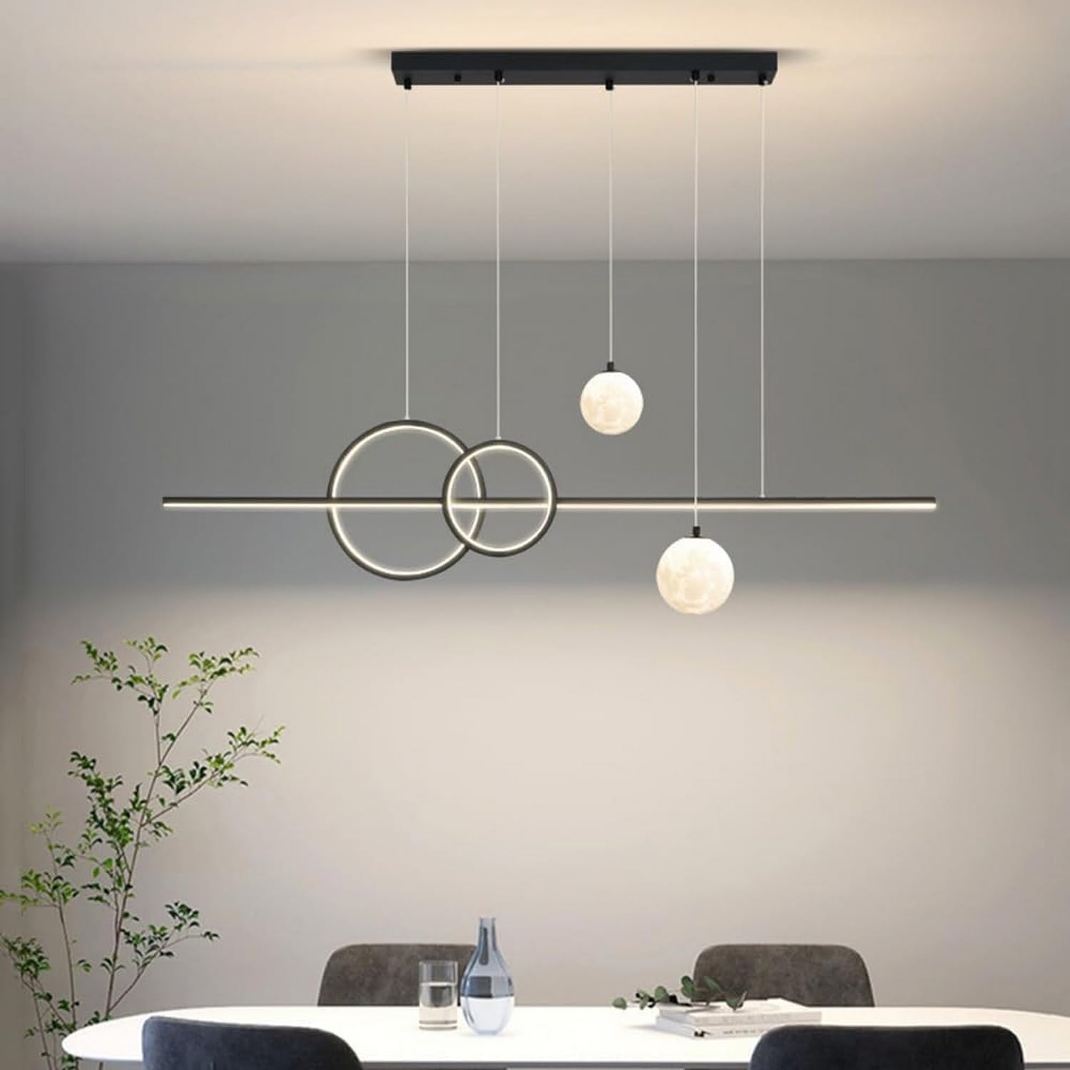 Lustre linéaire moderne 36W noir avec 2 boules de lait blanche