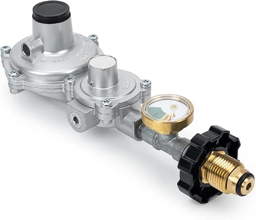 Stanbroil Regulador horizontal de propano de dos etapas con calibre, conexión estándar 38 hembra NPT y P.O.L, ideal para parrilla de gas, RV,