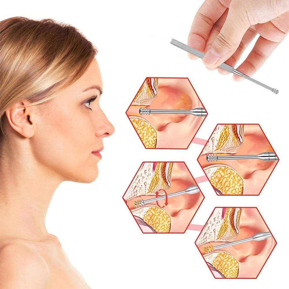 MANTHUMI 6 Pieces Ear Wax Removal Smooth Stainless Steel Kit, Ear Curette Safety Cleaner with White Brush and Storage Box with Coil Spring Cleaner 4