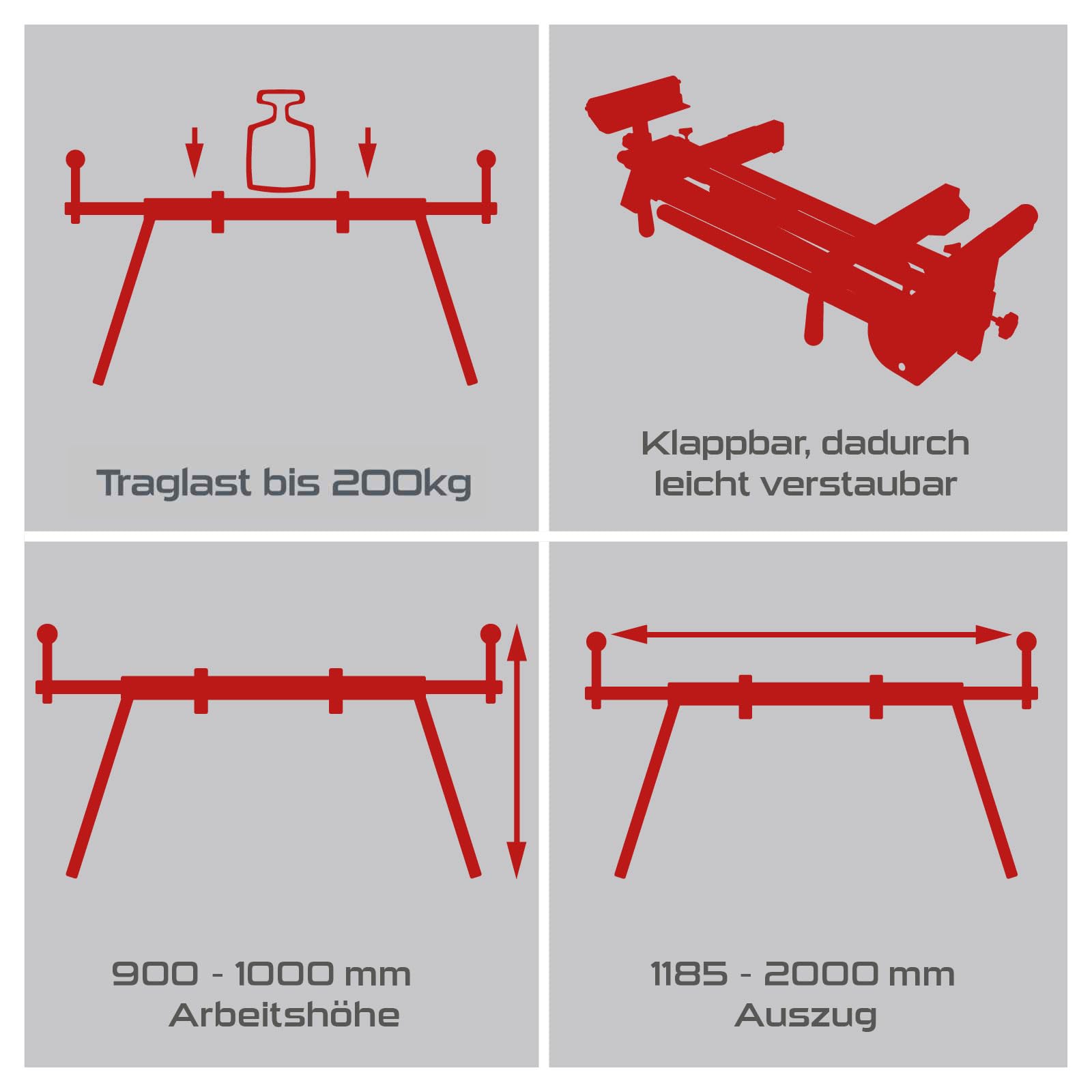 Practixx Untergestell für Kappsägen mit Rollen PX-UG-2000R | ausziehbar 1185-2000mm | Traglast 200kg | höhenverstellbare Rollenführung | Arbeitstisch mit Räder | inkl. Ablage für Werkstücke und Griff