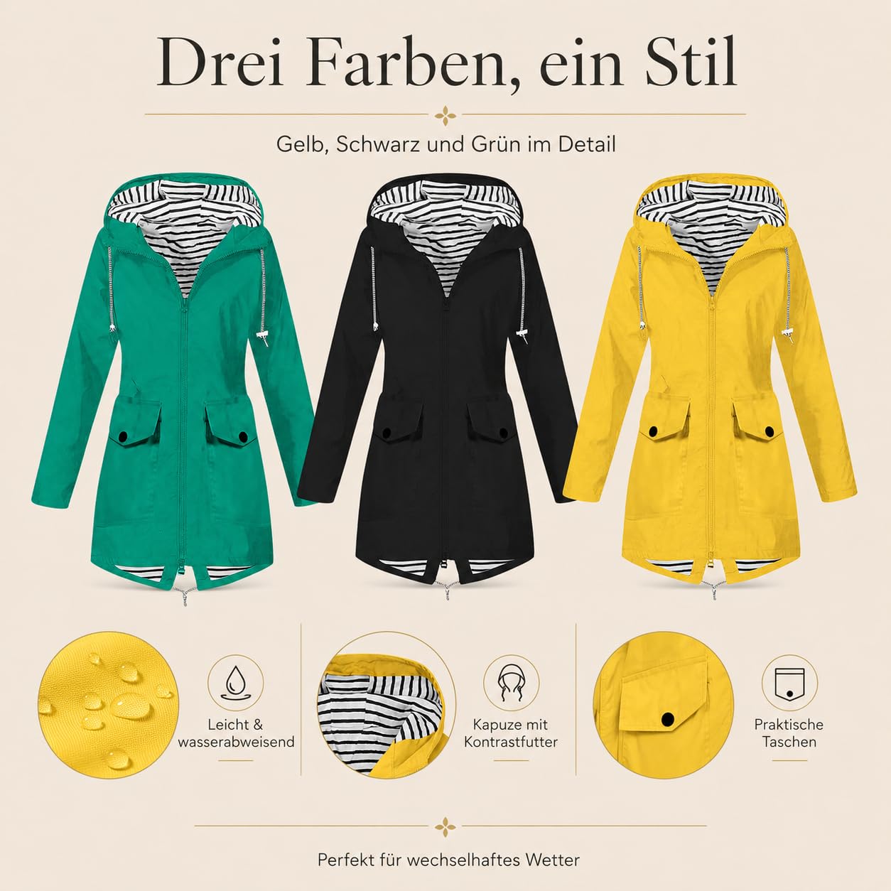 Regenjacke Damen - Wasserdicht Kapuzenjacke Frauen Leichte Jacke mit Kapuze Taschen Outdoorjacke Windbreaker Übergangsmantel Funktionsjacke Übergangsjacke für Alltag Reisen Wandern Trekking