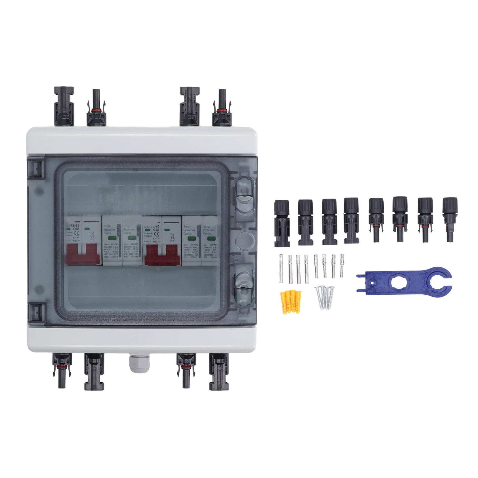 Generic Wyłącznik Fotowoltaiczny DC 500 V 32 A IP65 Wyłącznik Izolacyjny z Pudełkiem do Ochrony Słonecznej, Wodoodporny Ogranicznik przepięć do Systemów Solarnych Poza siecią