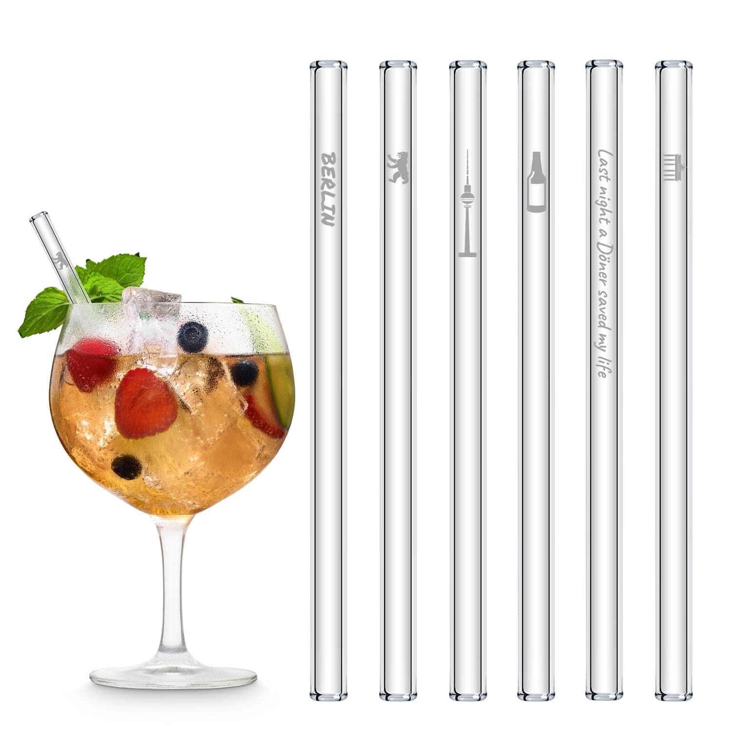 Halm Glass Drinking Straws, Berlin Edition with Engraving, 6 Pieces Straight 15 cm, Berlin Keepsakes, Gift Items