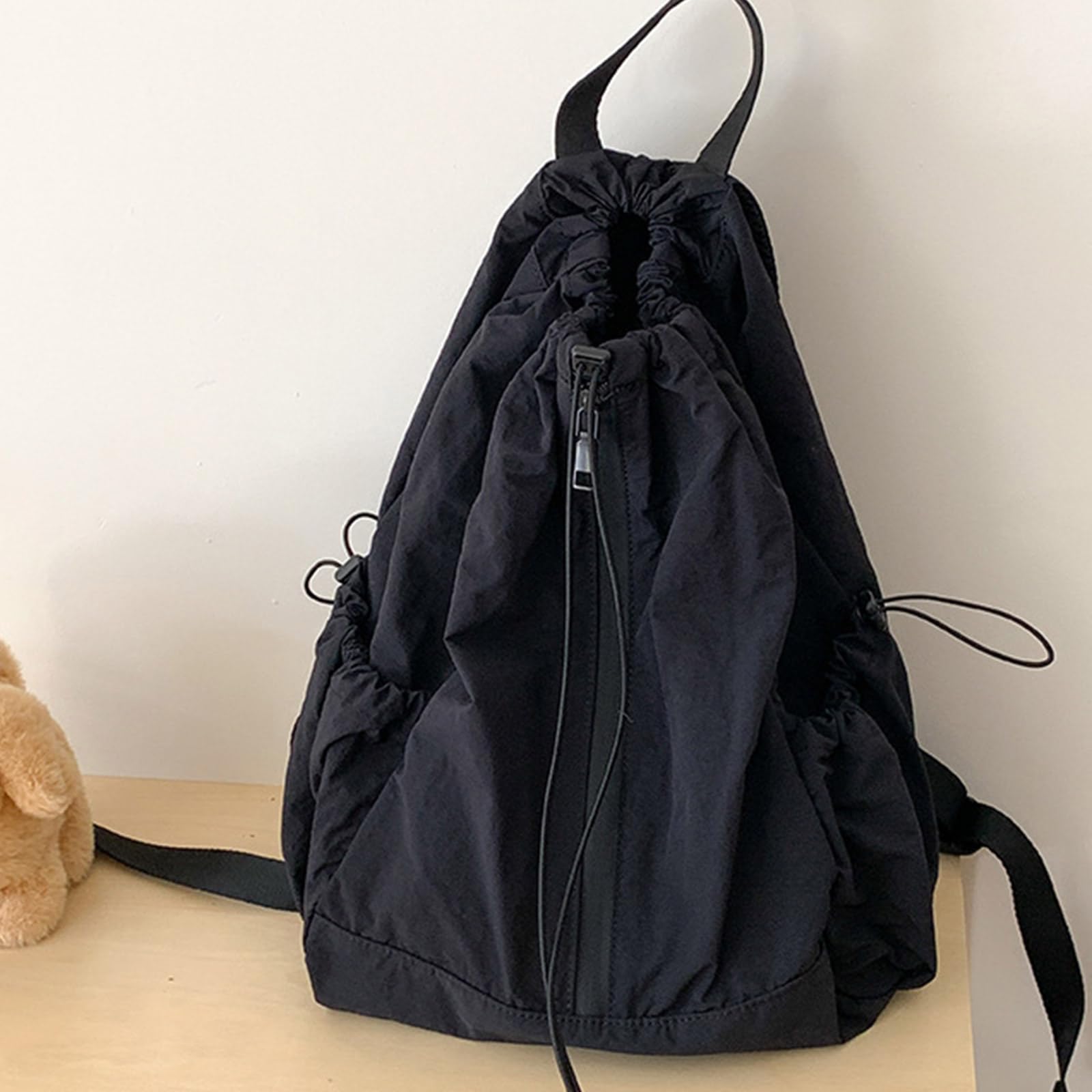 Zaino da viaggio da donna, zaino scolastico per studenti, con coulisse, grande capacità, casual, per lavoro, increspato, con coulisse, borsa da scuola di grande capacità