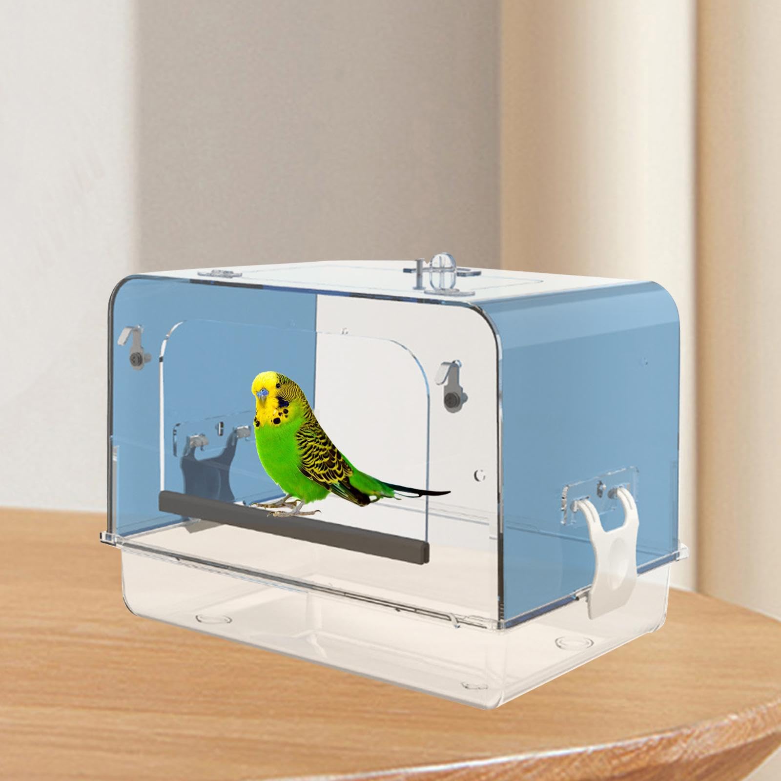Bañera para Loros con Ganchos, Jaula para Pájaros, Caja de Baño para Cacatúas, Acrílico, Canario, Casa de Baño para Loros, Cuenco de Ducha para Loros, Azul