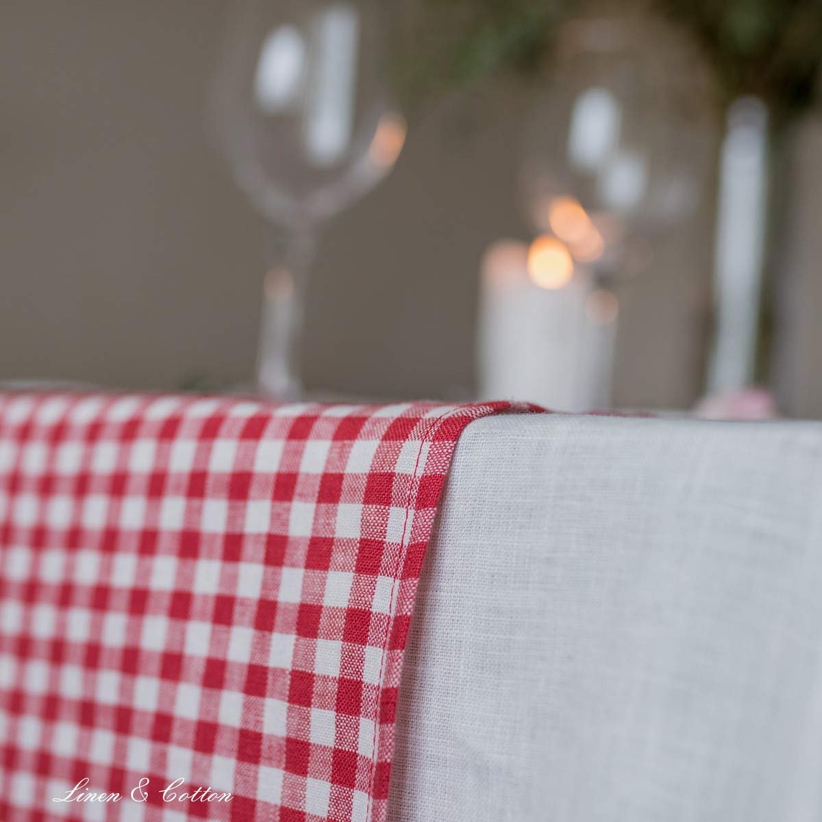 Linen & Cotton Tischläufer Estella - 100% Leinen, Weiß Rot, 40 x 300 | Stoff Tischdekoration Tischwäsche, Kariert Läufer Tisch Esstisch für Küche Haus Landhaus Festival Event Frühling Ostern