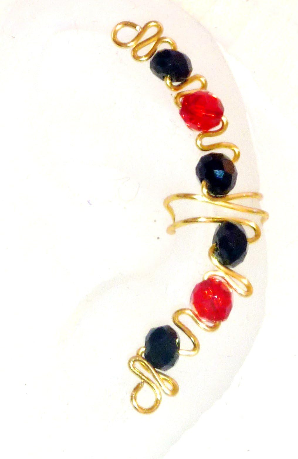 EAR Cuff Wrap with Red and Black Beads on Golden Nontarnish Wire