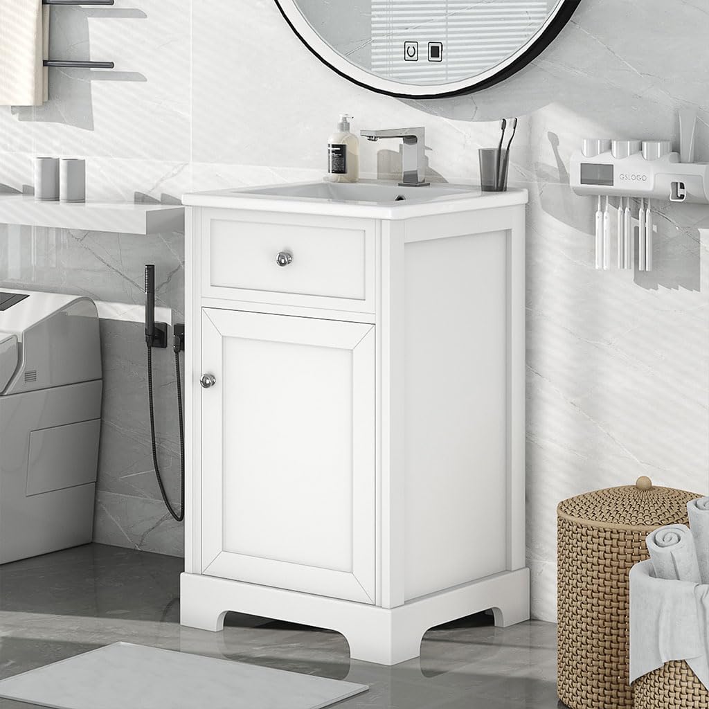 20" Bathroom Vanity Cabinet, Modern Freestanding Bathroom White Small Bathroom Storage Cabinet with Sink Combo and Adjustable Shelve for Small Space (20"× 18"×34")