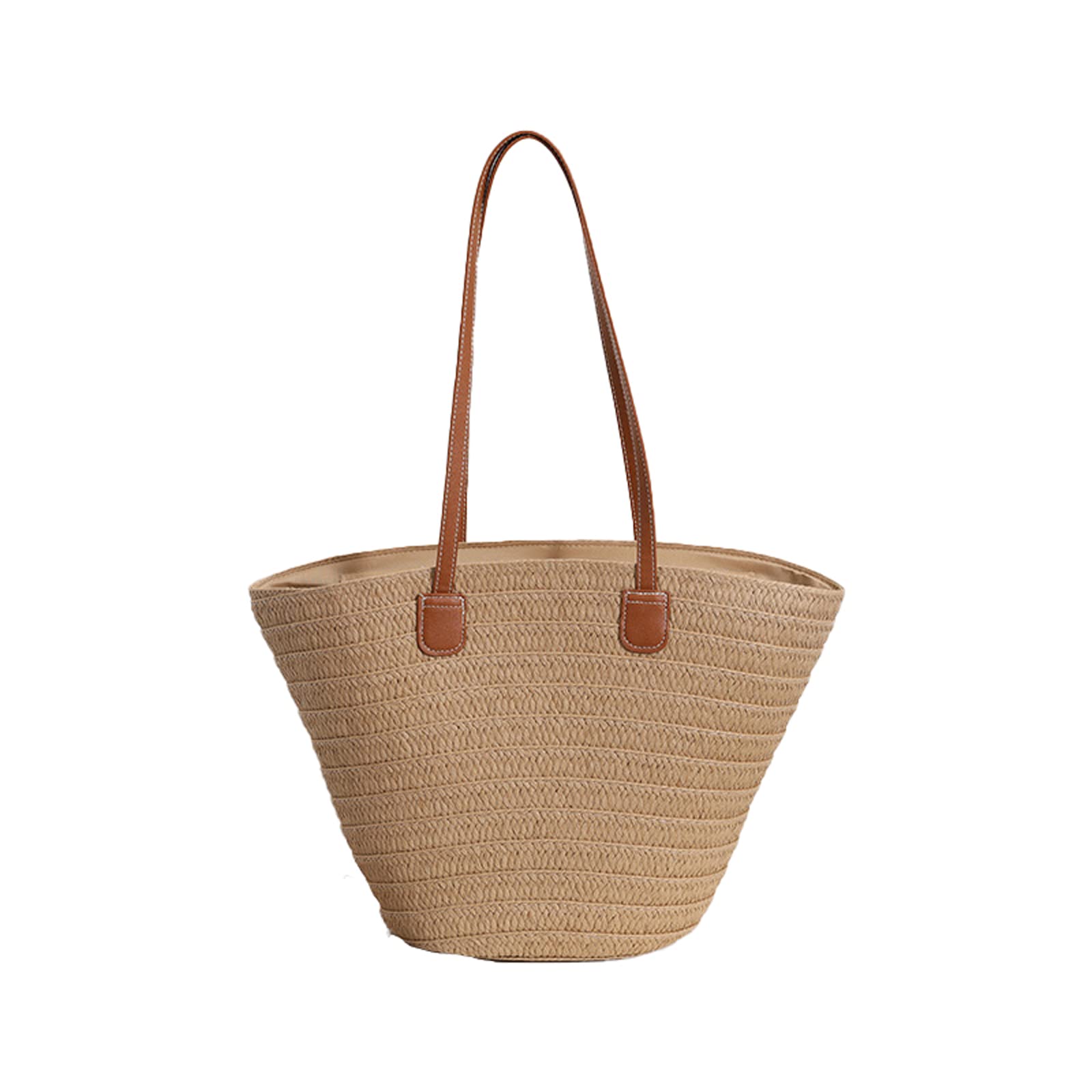 GenericWomen Straw Woven Bag Casual Tote Bag Summer Handbag with Zip, Leather Handle Hand-woven Shoulder Bag Large Capacity Ladies Beach Bag for School Market Shopping Travel Holiday (White)