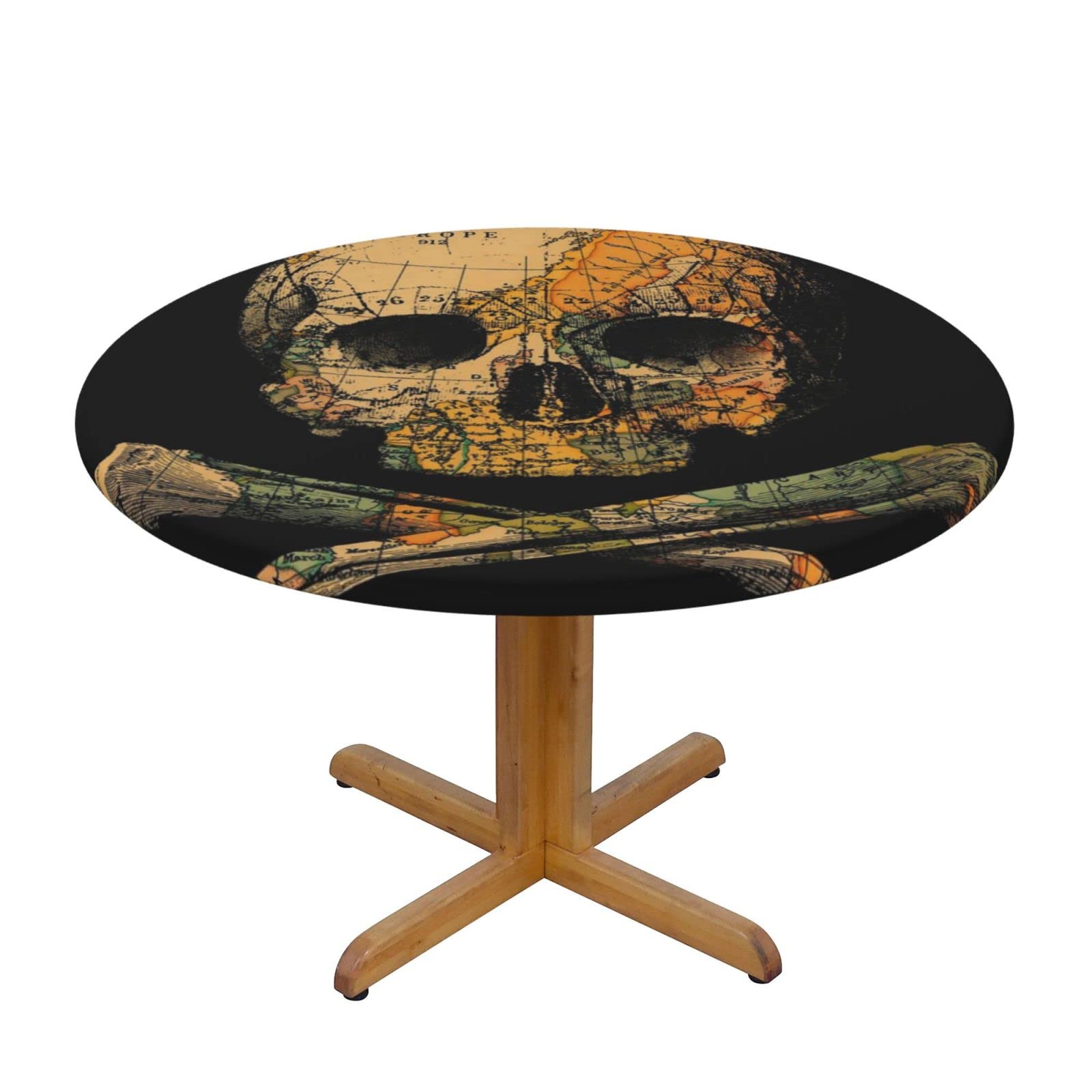 Lsjuee Round Fitted Tablecloth 40-44in Elastic Edged Table Cloth for Kitchen Dining Party Home Decor - Skull Abstract World Map Black