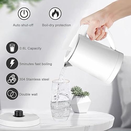 Miniatura 4 de Pequeña tetera eléctrica, hervidor de viaje portátil de 0.6 L, hervidor eléctrico de acero inoxidable 304 con apagado automático, mini hervidor de