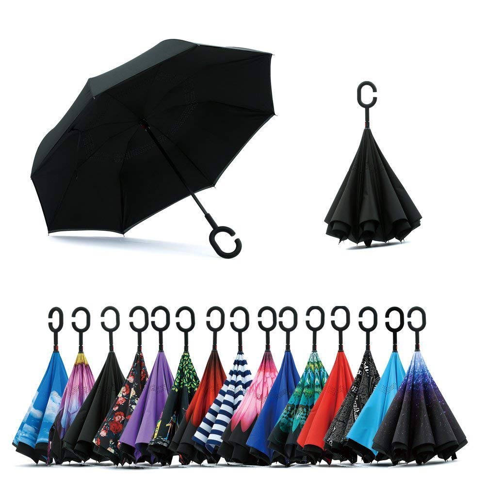 Double Layer Inverted Umbrella Cars Reverse Open Folding Umbrellas, Windproof UV Protection Large Self Stand Upside Down Straight Umbrella for Golf Women and Men with C-Shaped