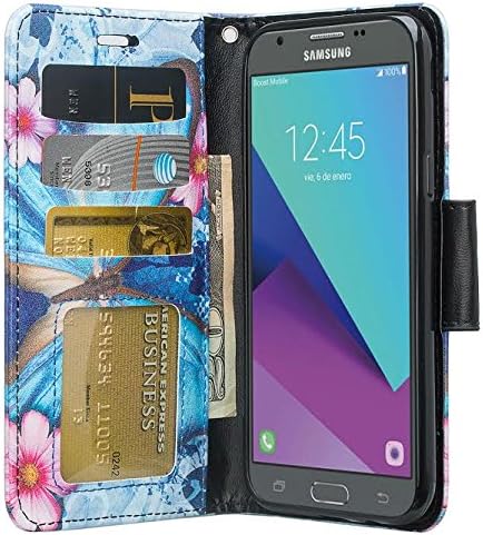 GALAXY WIRELESS for Galaxy J3 Luna Pro Case,Galaxy J3 Prime Case,J3 Eclipse,Galaxy J3 Emerge, Amp Prime 2, Express Prime 2, Sol 2/J3 2017/J3 Mission [Kickstand] Leather Wallet ID Slots, Blue Butterfly