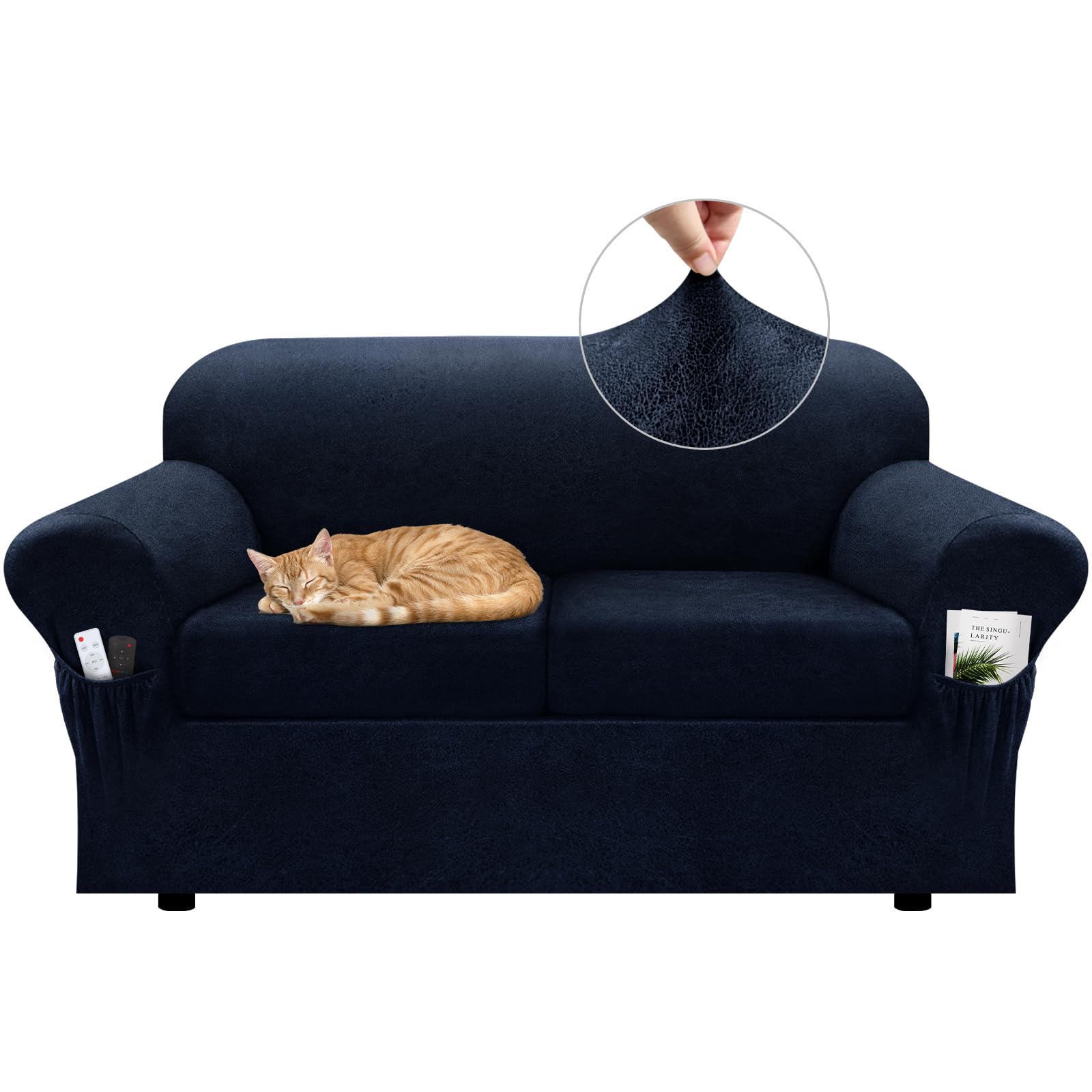 Pfrstuv Loveseat Slipcover with Armrest Pockets 3-Piece Set, Stretch Faux Leather Love Seat Covers for 2-Cushion Couches(Fits 58-66") - Non-Slip,