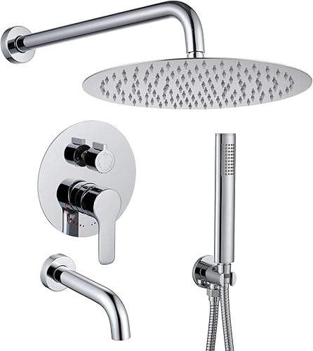 Sistema de ducha cromado grifo de ducha de lluvia con bañera de 10 pulgadas redondo de ducha y grifo de bañera incluye válvula de latón de tres