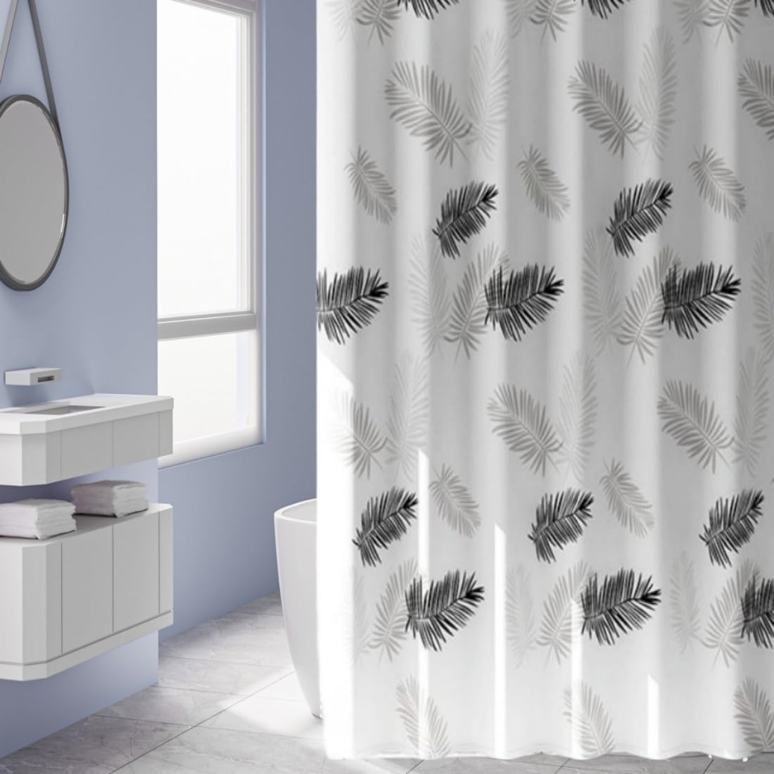 BEEK Shower Curtains Maple Leaf Feather Extra Long Wet Room Curtain Liners of 180CM/180CM Drop - Mould Proof Resistant & Waterproof Shower Curtains for Bathroom (black leaves, 180 * 180cm)