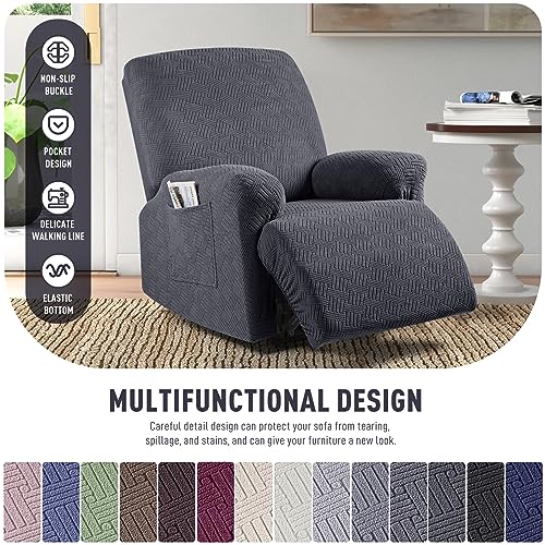 Image of KinCam Recliner Covers, Stretch Reclining Chair Covers, Recliner Sofa Slipcovers Stripe Jacquard Recliner Couch Covers Furniture Protector Covers for Pet Kid (1 Seater, Charcoal Gray)