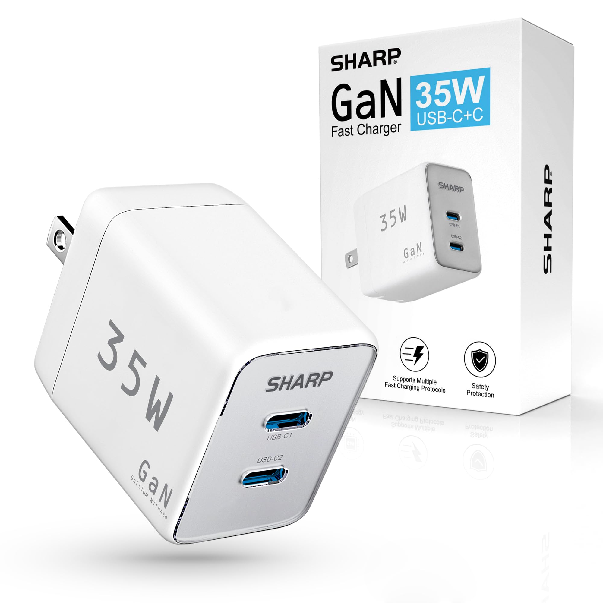 Sharp USB C Charger - 35W, Dual Port (2 USB-C) Compact Foldable GaN Fast Charge for iPhone 15/15 Pro/15 Pro Max/14/13/12, Pad Pro/AirPods and More, White