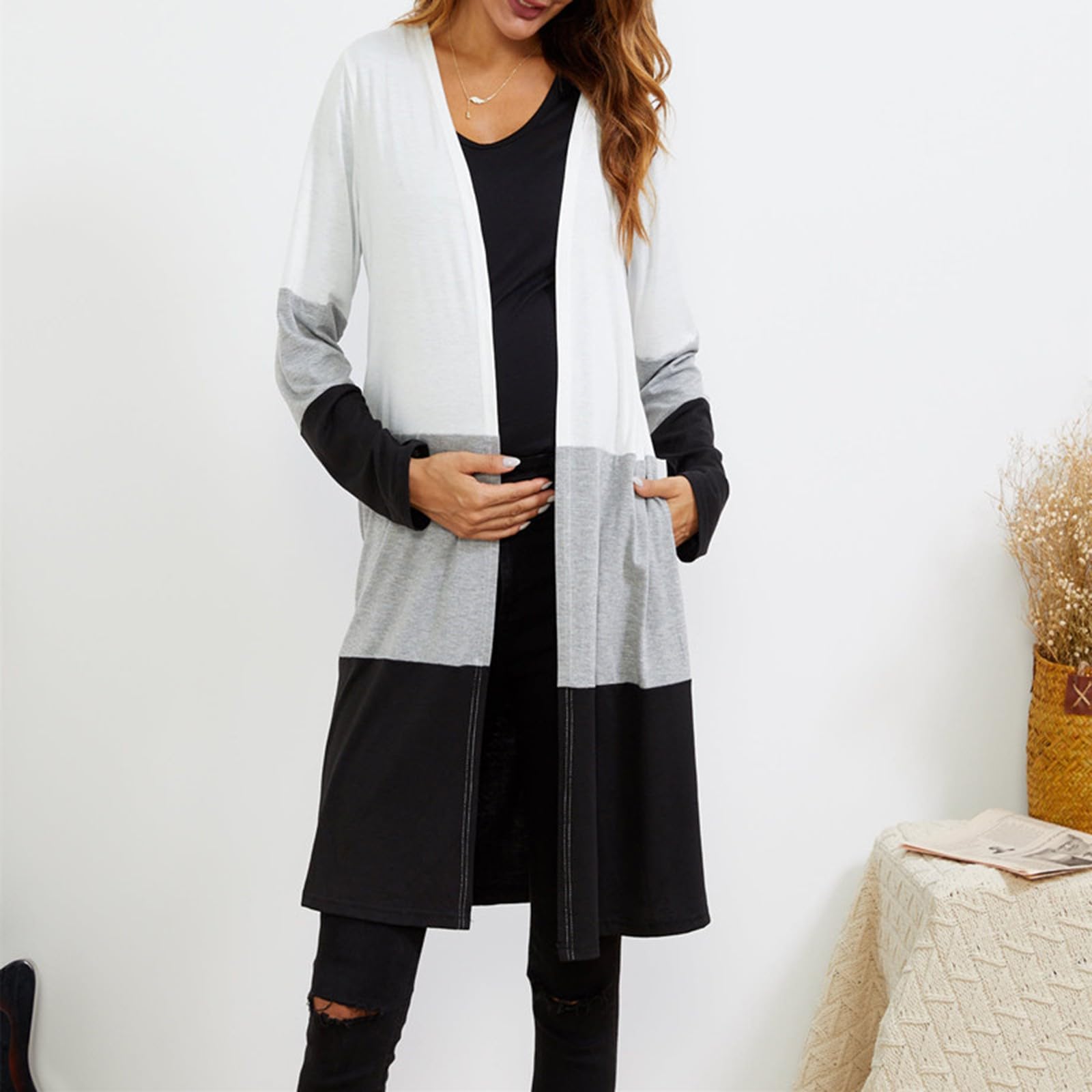 Donna Incinta Donna Aperto Frontale Maglia Cardigan Inverno Autunno Maglione Pois Maniche Lunghe Tasche Cappotto Outwear Carino Top Premaman