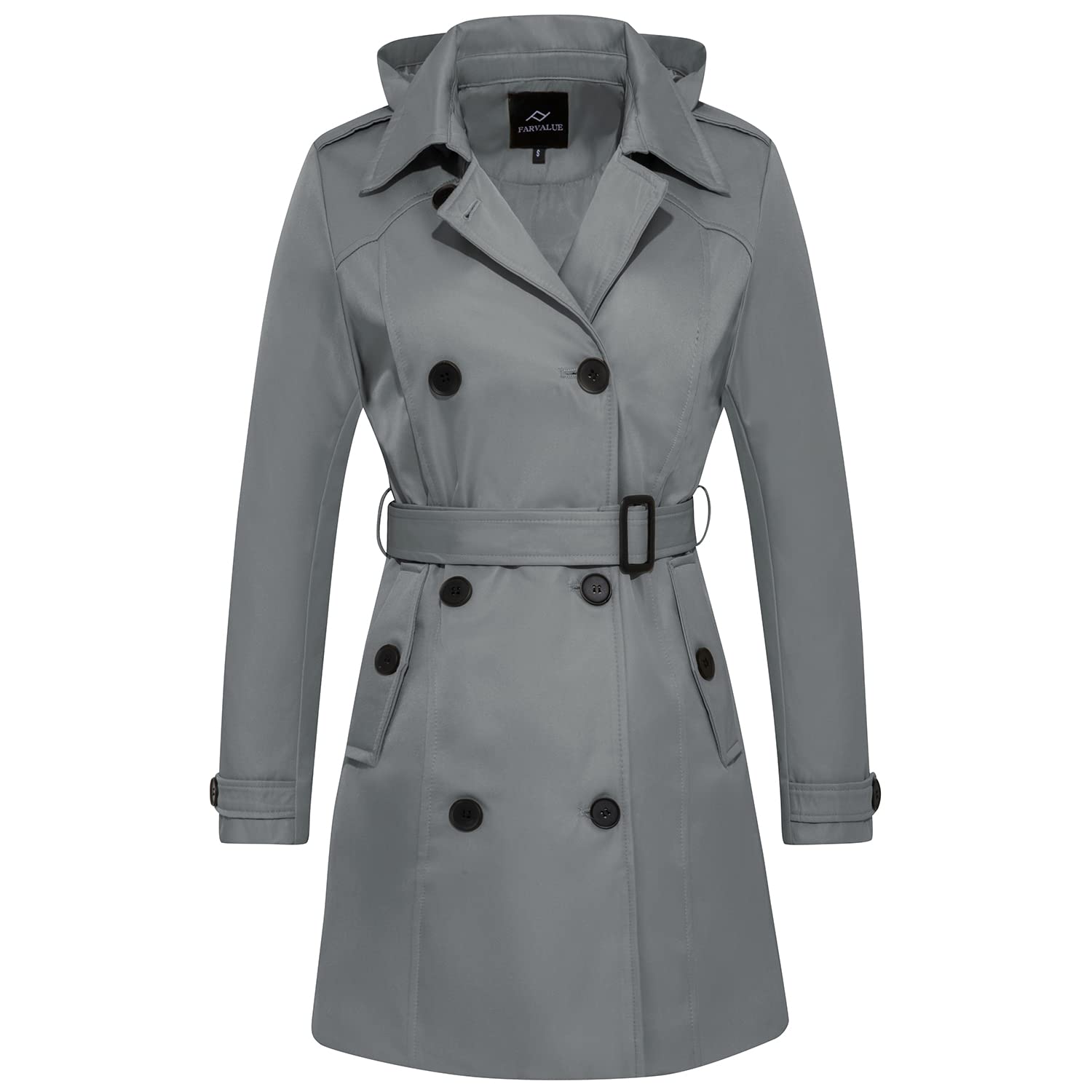 FARVALUEWomen's Waterproof Trench Coat Double Breasted Windbreaker Classic Belted Lapel Overcoat with Removable Hood