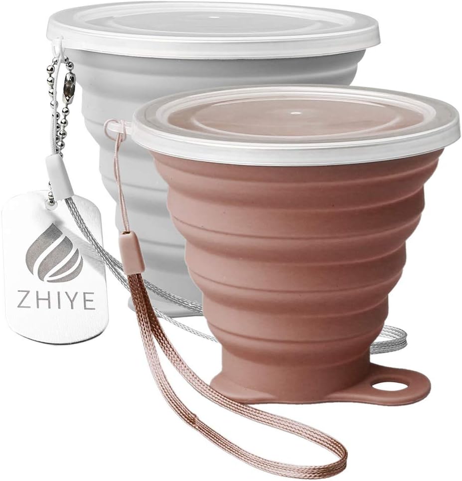 ZHIYECollapsible Camping Cup with Lid, BPA Free Silicone Water Unbreakable Retractable Mug Portable Folding Travel Mug, Outdoor Hiking 9.5 Oz 2 packs
