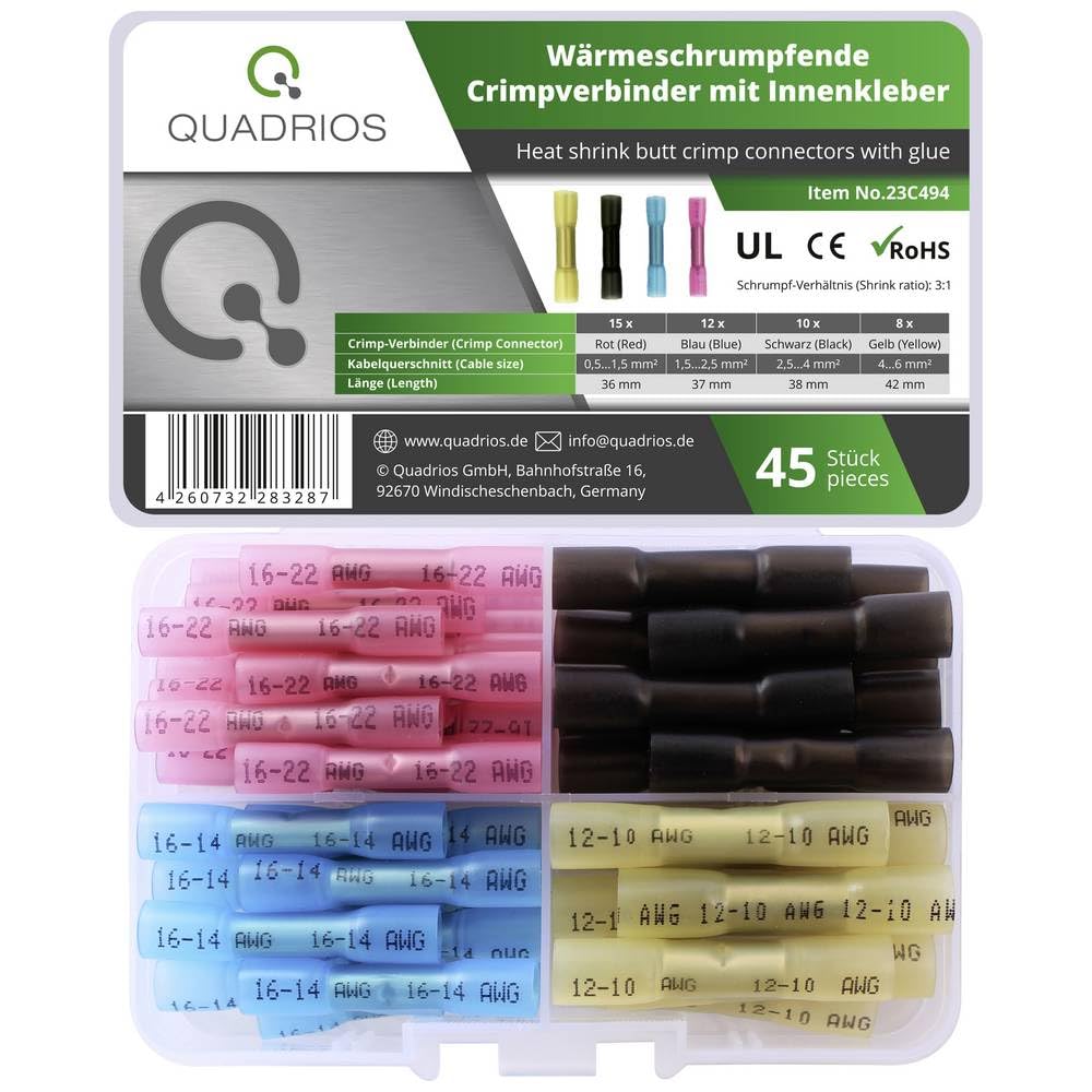 Quadrios 23C494 Stoßverbinder – 0,5–6,0 mm², Rot/Blau/Schwarz/Gelb, 45 Stück – Premium Polyolefin-Schrumpfschlauch mit Innenkleber (3:1), -55 °C bis +125 °C