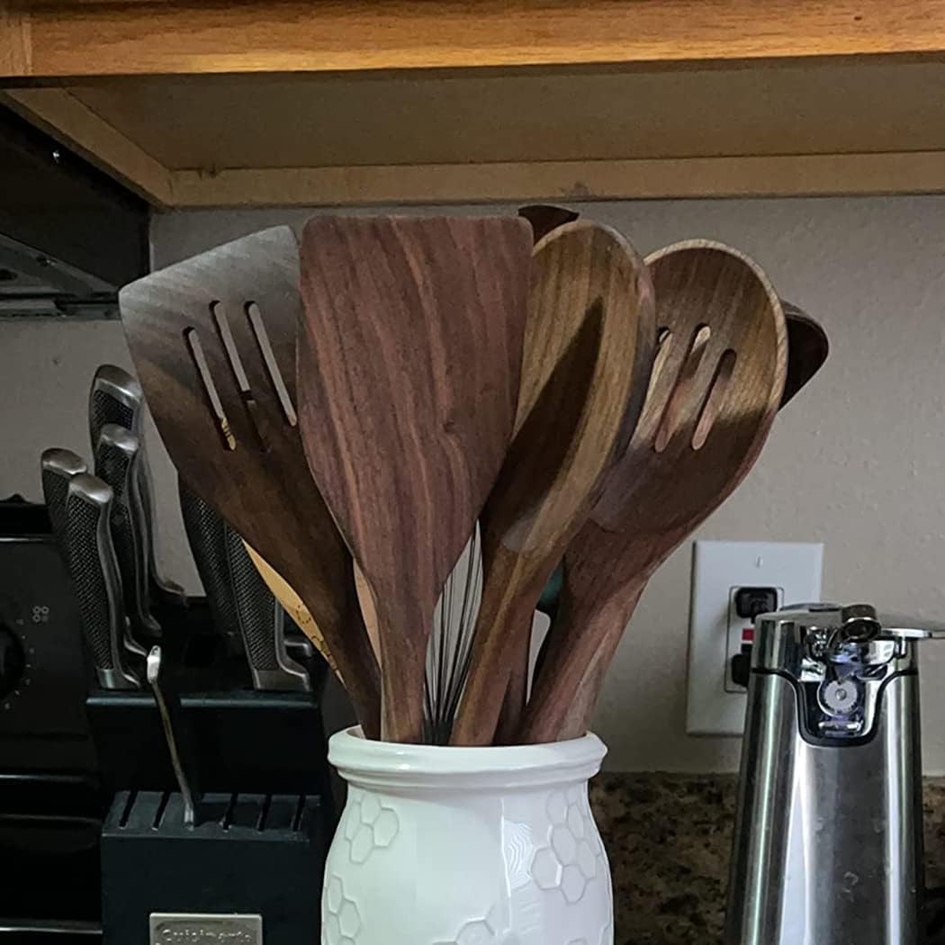 4 Pcs Black Walnut Kitchen Utensils Set, Natural Walnut Wood Cooking Tools for Heat Resistant NonStick Cookware Spatula Turner Solid Spoon Slotted Spoon Wooden Kitchen Utensils Set for Cooking