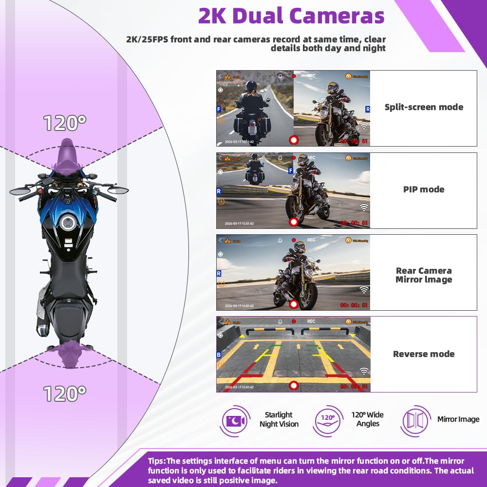 VSYSTO Dual 2K Wireless Carplay Motorrad Dashcam, 6,25 Zoll Touchscreen, 5G WLAN, Parküberwachung, Reifendrucküberwachung, Rückfahrmodus, GPS, kabelgebundener Controller, Temperaturanzeige (CS6)