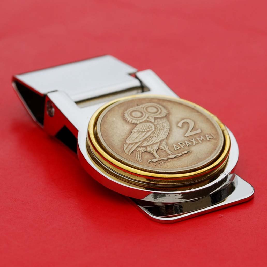 1973 Greece 2 Drachma Athena's Owl & Phoenix Coin Two Toned Hinged Money Clip NEW